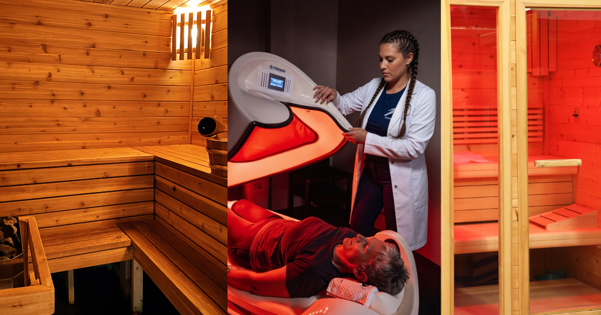 Three sauna types side by side — traditional Finnish sauna (left), infrared cocoon pod (center), infrared room sauna (right)