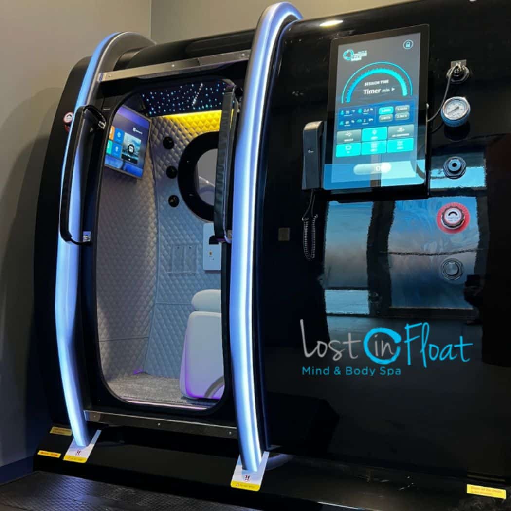 Reclining-chair hyperbaric oxygen therapy chamber at Lost in Float, Lincoln NE